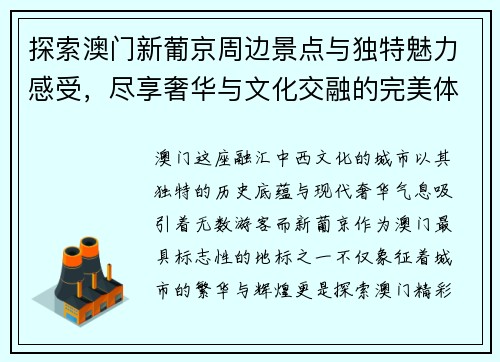 探索澳门新葡京周边景点与独特魅力感受，尽享奢华与文化交融的完美体验