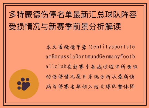 多特蒙德伤停名单最新汇总球队阵容受损情况与新赛季前景分析解读